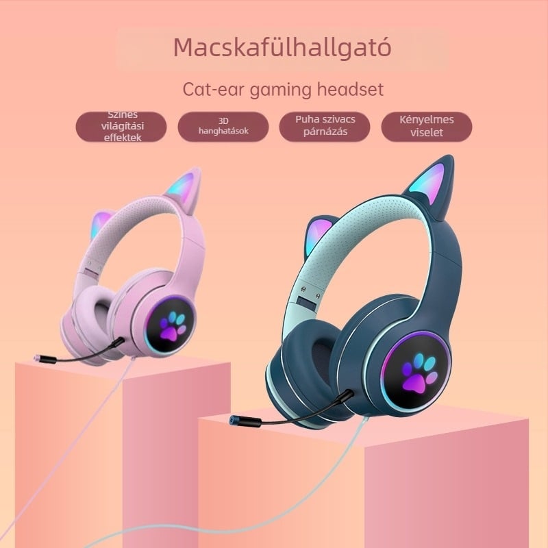 AKZ-022 Vezetékes számítógépes fejhallgató macskafülekkel, over-ear, összecsukható, világítással és mikrofonnal