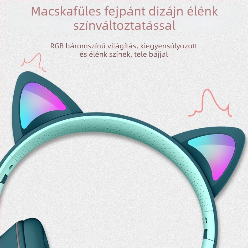 AKZ-022 Vezetékes számítógépes fejhallgató macskafülekkel, over-ear, összecsukható, világítással és mikrofonnal