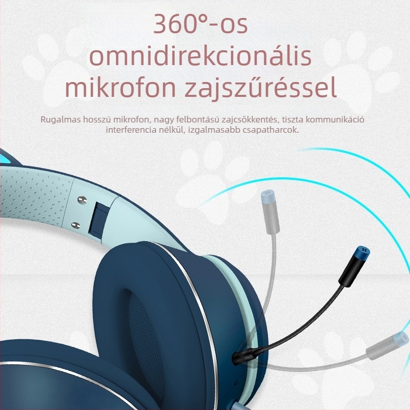 AKZ-022 Vezetékes számítógépes fejhallgató macskafülekkel, over-ear, összecsukható, világítással és mikrofonnal