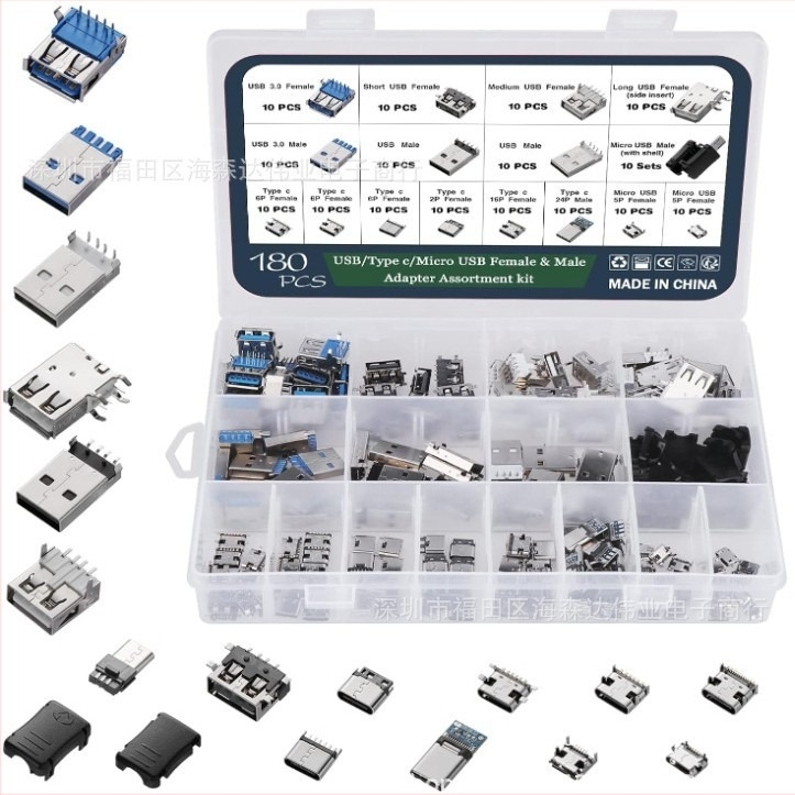 180 darab USB 2.0/3.0 Type A és Type C Micro USB csatlakozó doboz, mini