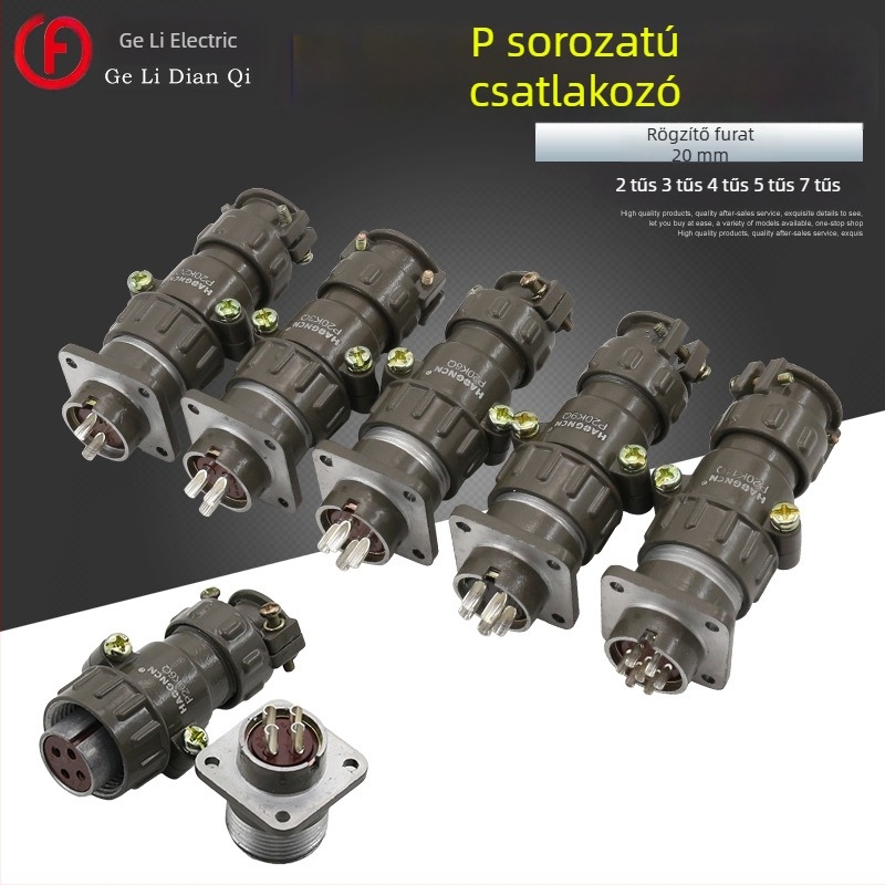 P20 körkörös csatlakozó, repülőgép dugó és aljzat, butt típusú csatlakozás, Ø20 mm, 2–7 vezető