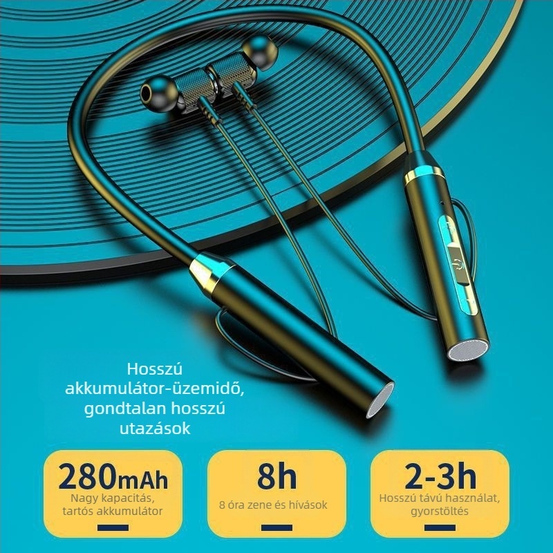 Bluetooth headset 5.3 nyakpántos, vezeték nélküli sztereó, hívásfunkció, alacsony késleltetés, vízálló, zajcsökkentés, hosszú akkumulátor-üzemidő, sportos stílus
