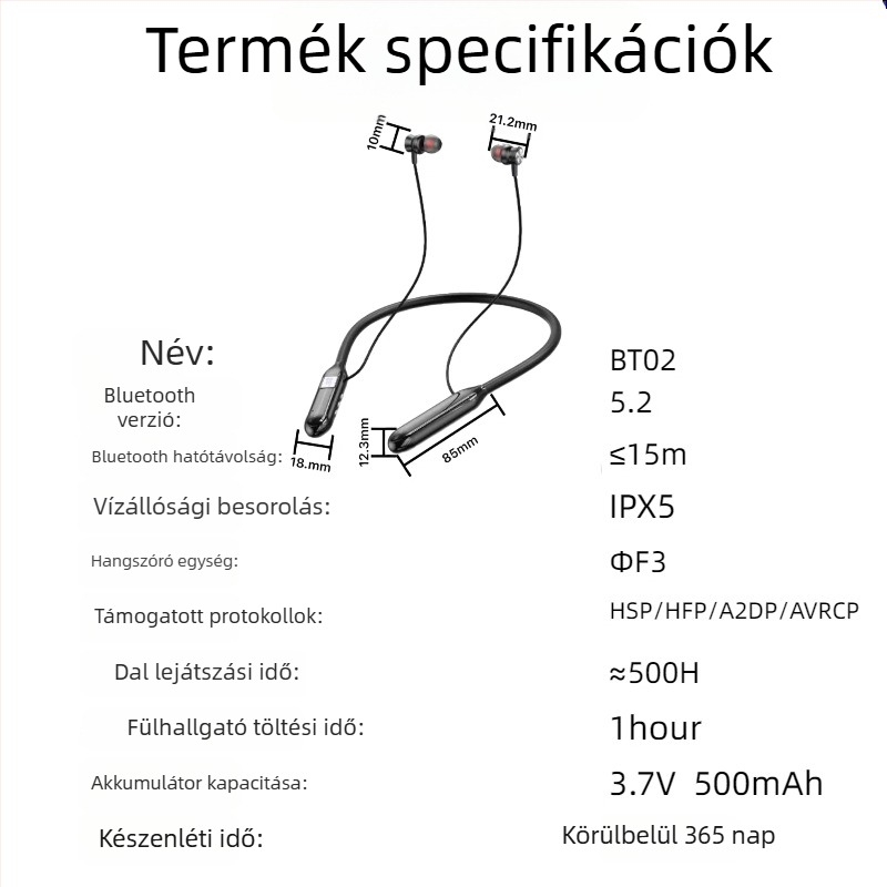 Nyakpántos Bluetooth fejhallgató nagy akkumulátorral, kártyahely, sztereó, vízálló, Bluetooth 5.0