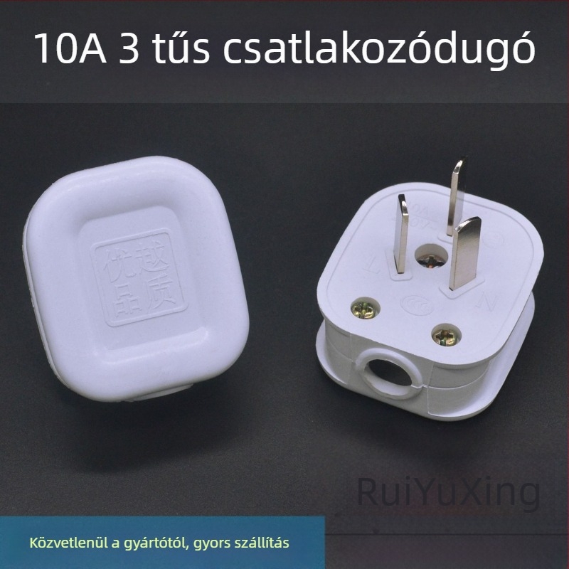 Hárompólusú tápcsatlakozó és háromtűs aljzat, 10A, réz, nagy teljesítményű, lángálló vezeték klímaberendezéshez