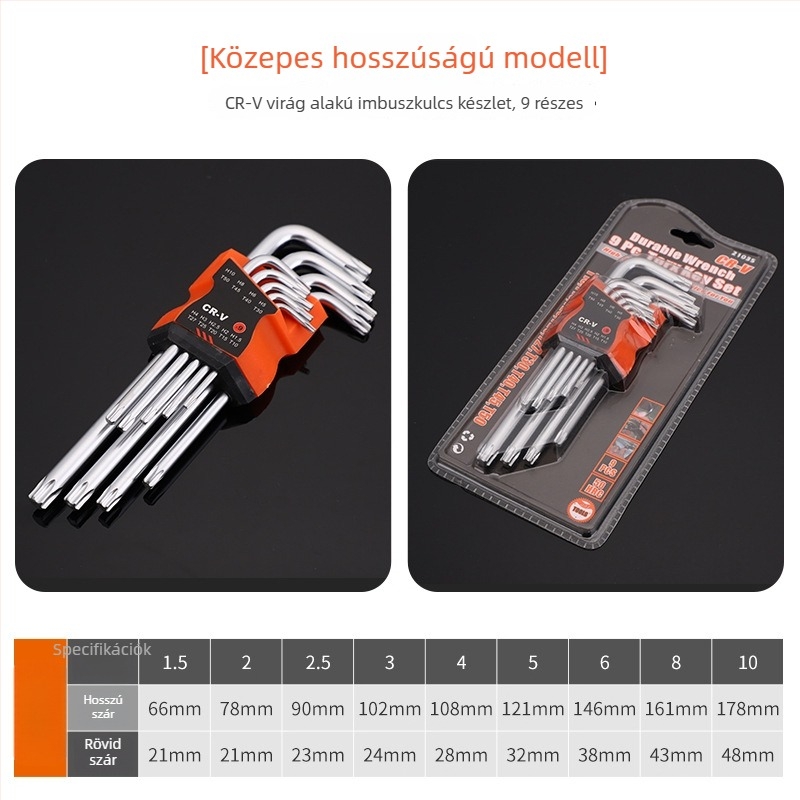 Riley 9 darabos belső hatszögfejű készlet, hosszú nyújtóval, szilva virága formájú