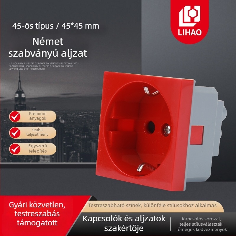 Beépített kapcsolómodullal rendelkező fali aljzat, piros, 45-ös típusú, német szabvány.