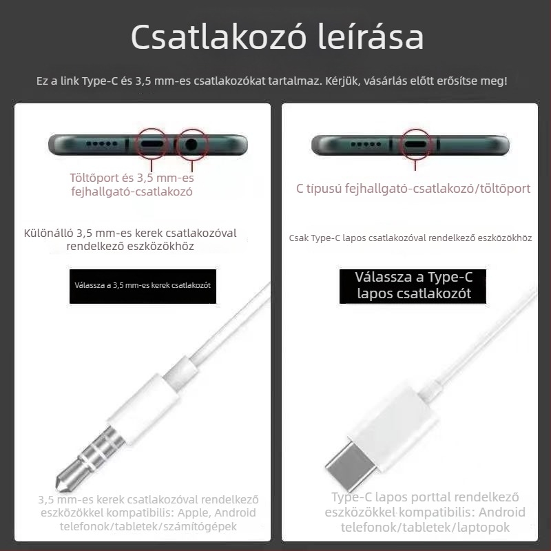 Vezetékes fülhallgató in-ear, 3,5 mm körös csatlakozóval és Type-C lapos dugóval, mikrofon, karaoke digitális hang, teljesen kompatibilis