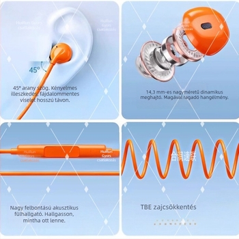 Narancssárga Type-C vezetékes fülhallgató, in-ear, 1,2 m, kompatibilis iPhone 15 és Huawei eszközökkel