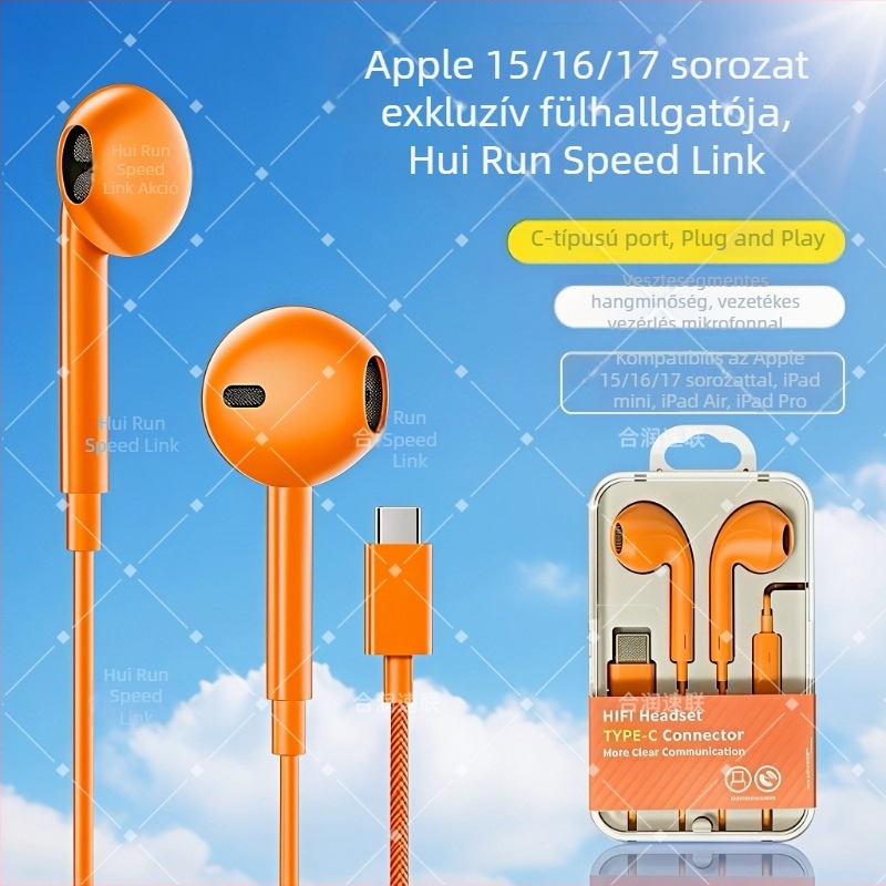 Narancssárga Type-C vezetékes fülhallgató, in-ear, 1,2 m, kompatibilis iPhone 15 és Huawei eszközökkel