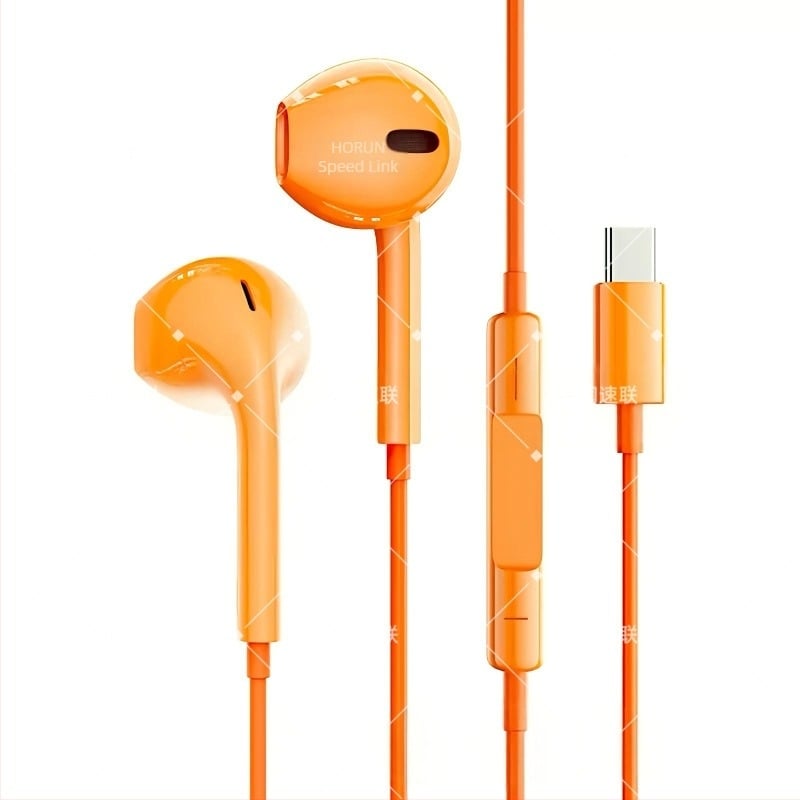 Narancssárga Type-C vezetékes fülhallgató, in-ear, 1,2 m, kompatibilis iPhone 15 és Huawei eszközökkel