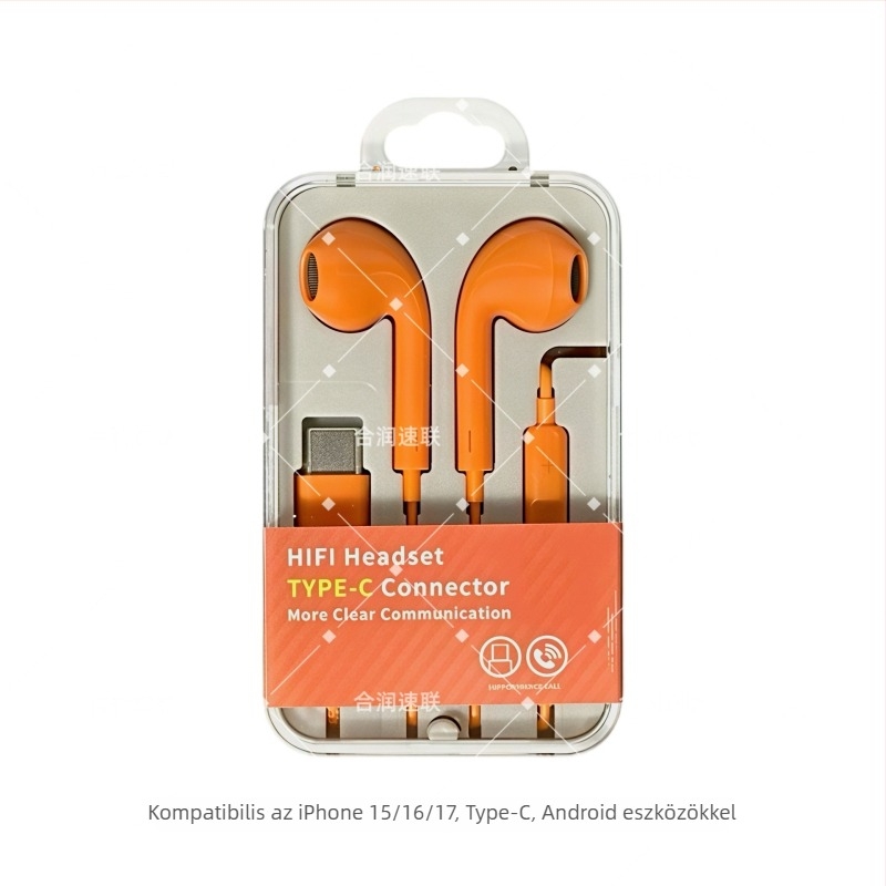 Narancssárga Type-C vezetékes fülhallgató, in-ear, 1,2 m, kompatibilis iPhone 15 és Huawei eszközökkel
