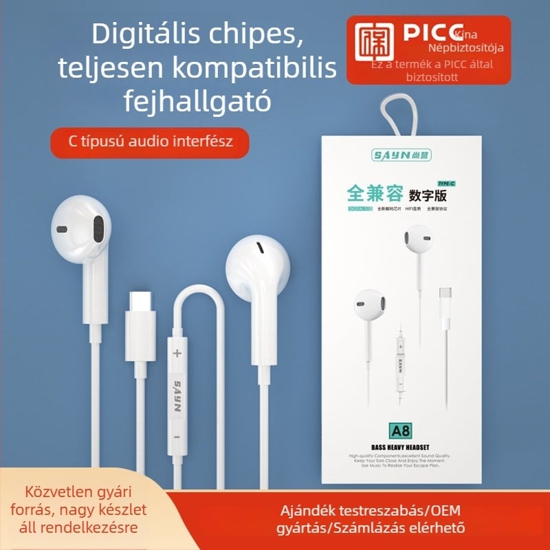 Type-C csatlakozású vezetékes fejhallgató digitális dekódoló chippel, beépített mikrofon, zajcsökkentés, fél fülhallgató kivitel, 1,2 m hosszú kábel