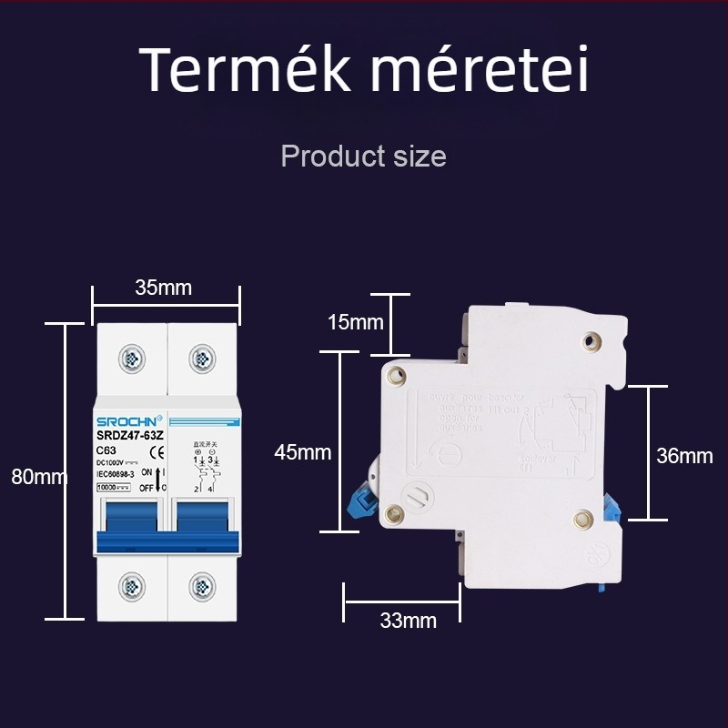 DC miniatűr megszakító fotovoltaikus energiaelosztáshoz, 1000V/500V DC, SRDZ47-63Z sorozat