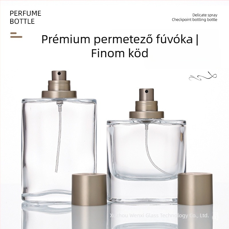 Átlátszó üveg spray flakon snap-on kupakkal, 50 ml/100 ml üres parfümös üveg kozmetikai célokra