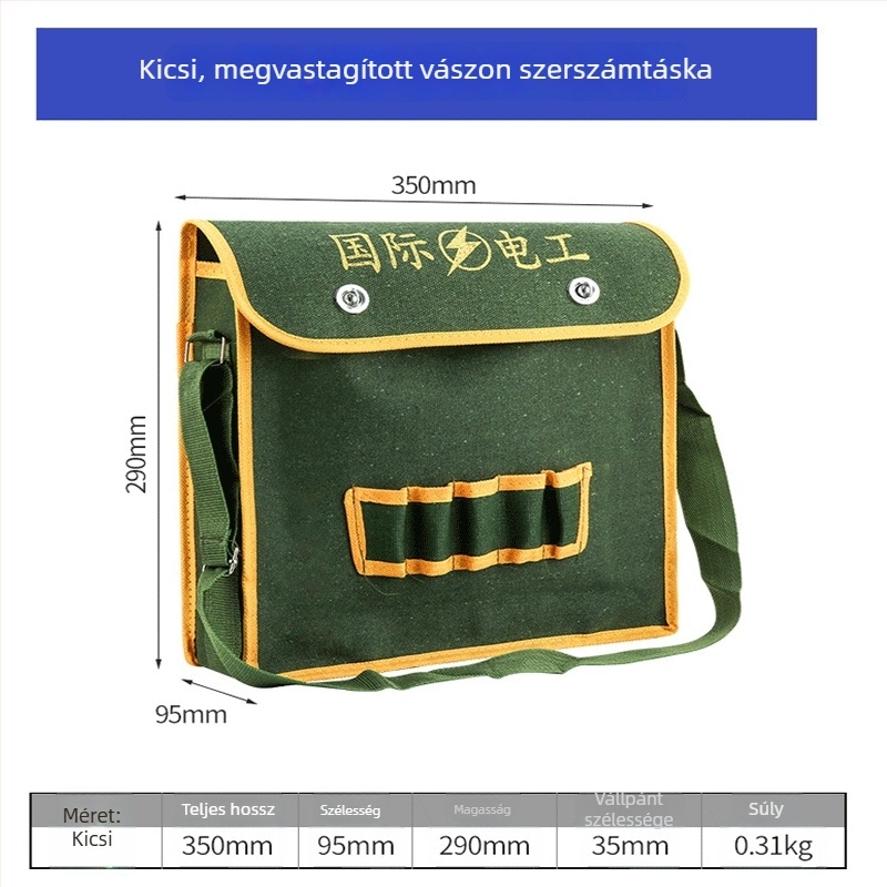 Vállra akasztható vászon szerszámtáska elektromos szerelőknek – strapabíró, munkahelyi rendező