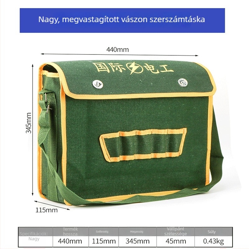 Vállra akasztható vászon szerszámtáska elektromos szerelőknek – strapabíró, munkahelyi rendező