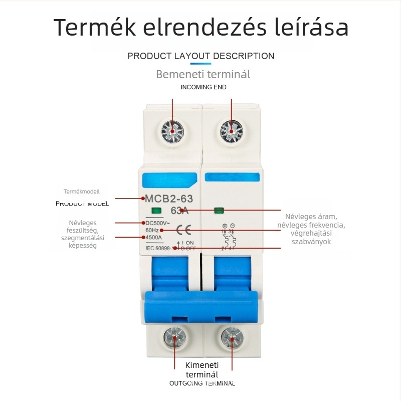 Kis DC-áramkör megszakító fotovoltaikus rendszerhez, 2P63A, DC 500-1000V, légköri megszakító