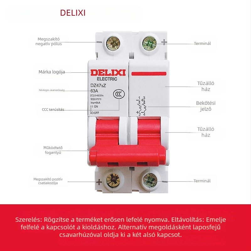 Delixi DZ47SZ DC 2P miniatűr áramkör-megszakító, DC12-24V, napelemmel töltött rendszerekhez