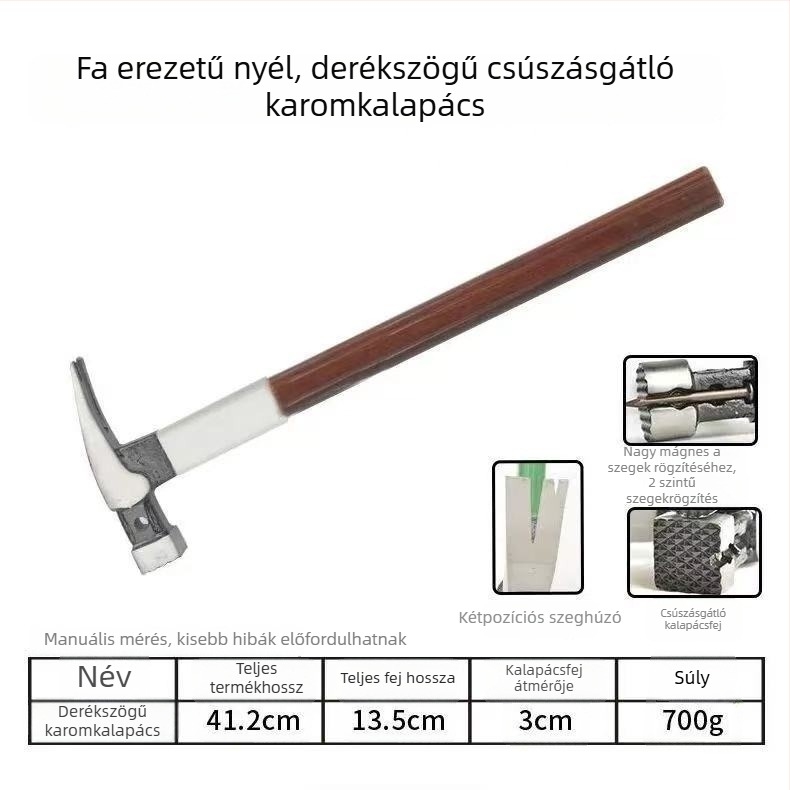 Szálas nyélű kalapács mágneses fejjel, elektromoszerelők és asztalosok számára, ipari osztályú szegező-kihúzó eszköz