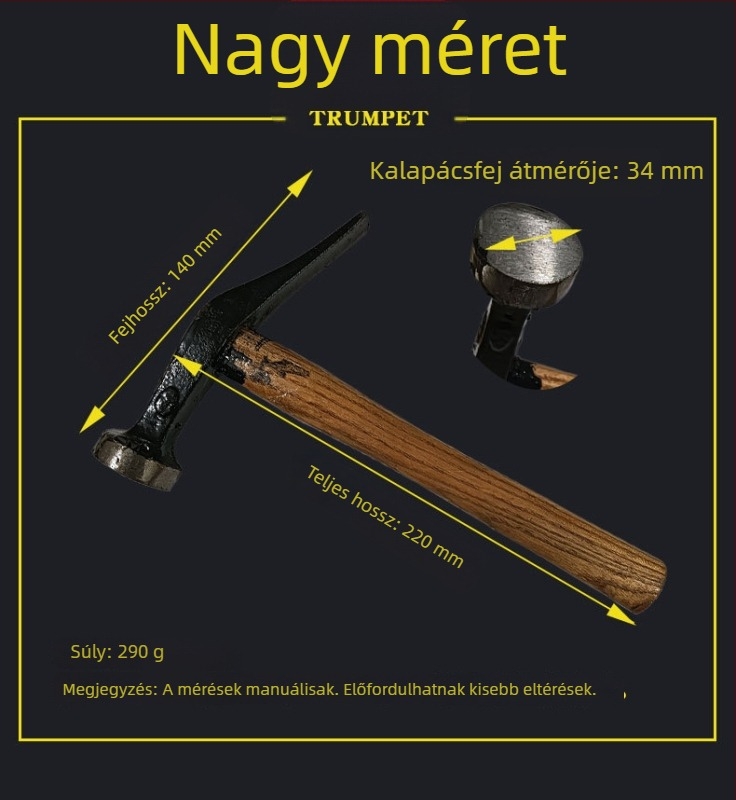 Cipőkalapács, talpakalapács, cipőgyártó eszköz, kis méret, fa markolat, kézműves, kerek fej