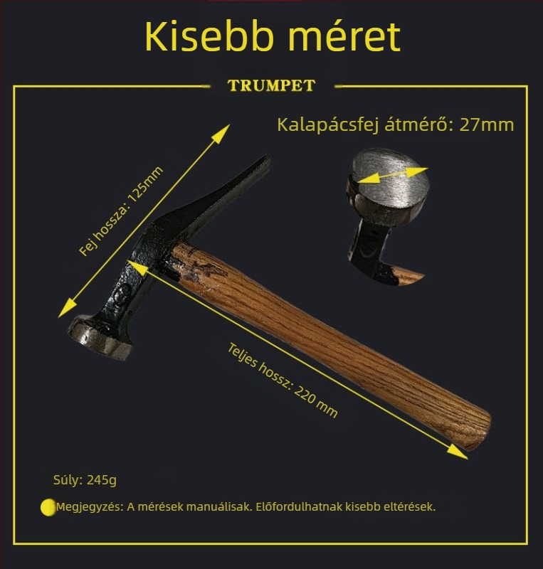 Cipőkalapács, talpakalapács, cipőgyártó eszköz, kis méret, fa markolat, kézműves, kerek fej