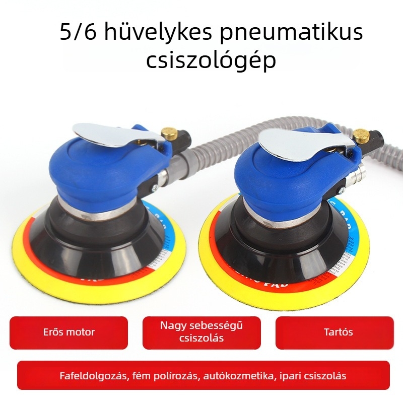 5 hüvelykes pneumatikus csiszoló, 150 szemcés csiszoló, 125 száraz csiszoló, 6 hüvelykes autópolírozó/waxer, fém szerszámok