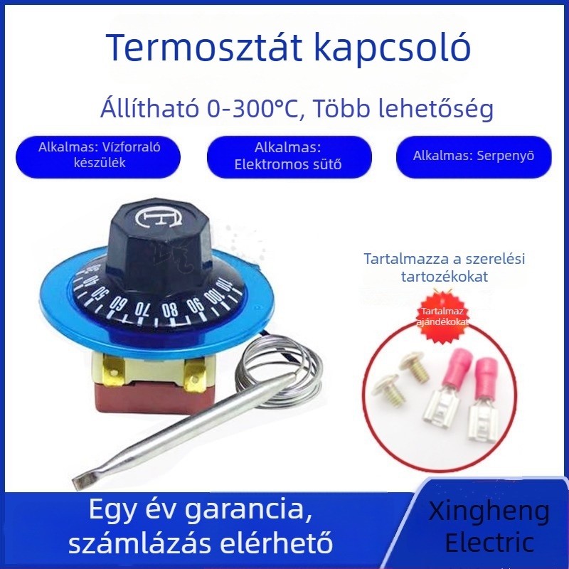 Állítható termosztát hőmérsékletszabályzó vízmelegítőhöz, sütőhöz és fritőzhöz gombos kapcsolóval