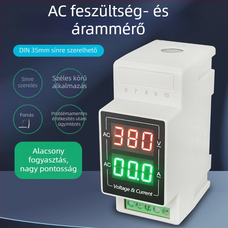 DIN sínre szerelhető LED kijelzős feszültség- és áramerősségmérő, 60–500 V tartomány, AC 220 V mérés