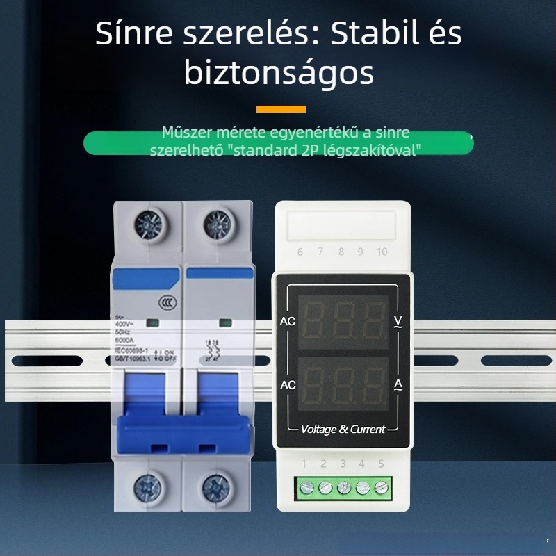 DIN sínre szerelhető LED kijelzős feszültség- és áramerősségmérő, 60–500 V tartomány, AC 220 V mérés