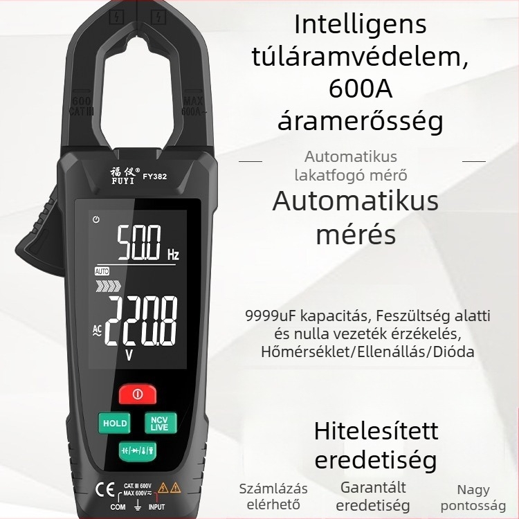Fuyi FY382 Nagy képernyős intelligens klip-mérő, digitális klip-mérő, magas precizitású AC/DC árammérő