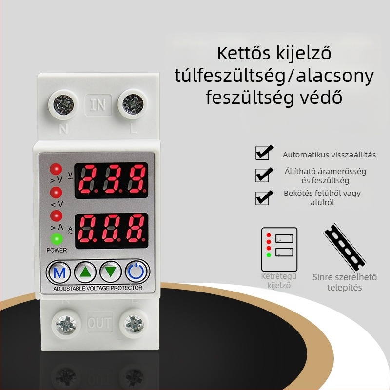 Túlfeszültség- és alacsony feszültség elleni védelem dupla kijelzővel, állítható áramkorlátozással, intelligens automatikus visszaállítású kapcsoló AVP-40A 63A