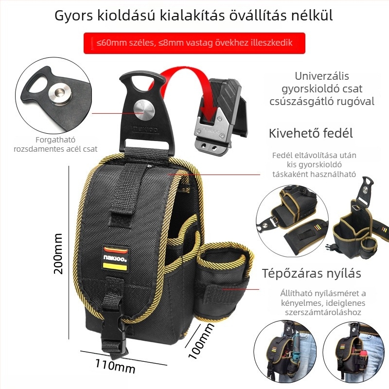 Villanyszerelő övtáska forgó gyorskioldó mechanizmussal — hordozható, többfunkciós szerszámkészlet
