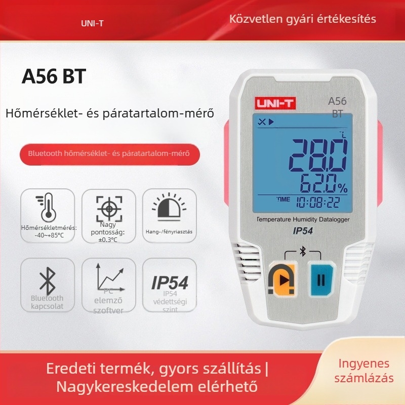 UNI-T A56 Bluetooth hőmérséklet- és páratartalom-regisztráló hűtőlánc tárolásához — nagy precíz digitális hőmérséklet- és páratartalom-mérő