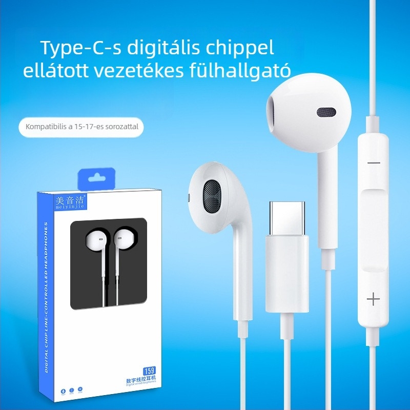 Type-C vezetékes fülhallgató inline vezérléssel, fülbe illeszkedő és fél-fülhallgató, digitális interfész hívásokhoz