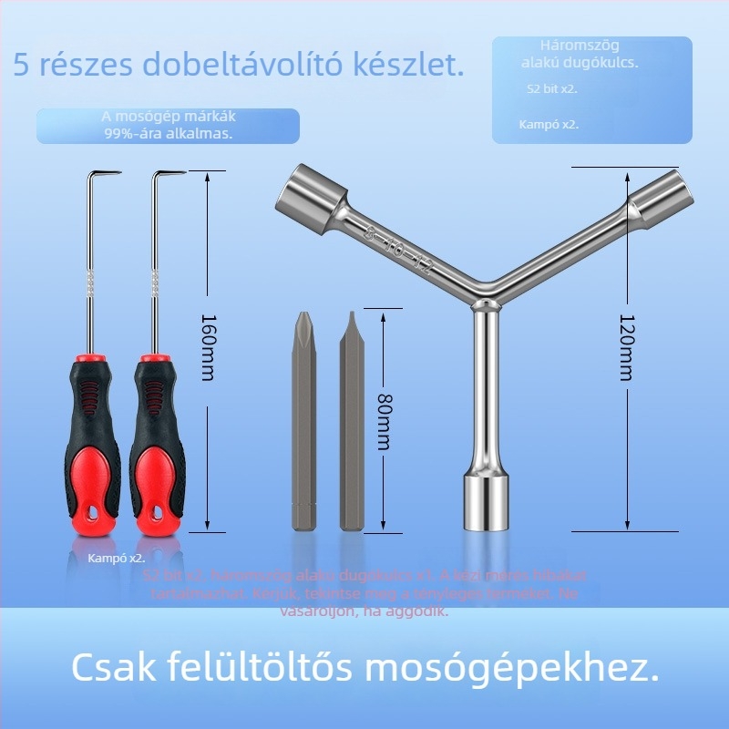 Mosógép dobjának demontázsához készlet; többfunkciós csavarhúzó és háromágú kulcs a belső dob tisztításához és javításához