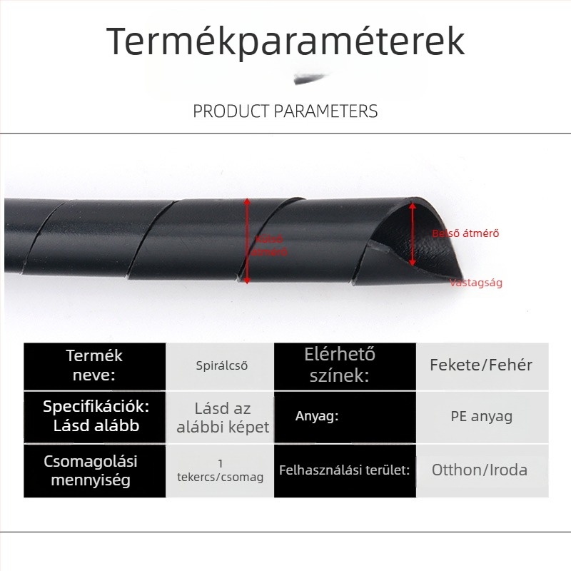 PE spirálcső kábelekhez, tekerőcső, 4–30 mm átmérő, fekete-fehér szigetelő burkolat