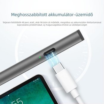 USI 2.0 stylusz érintés elleni védelem, 4096 nyomásérzékenységi szint, dőlésszög-érzékelés és radír