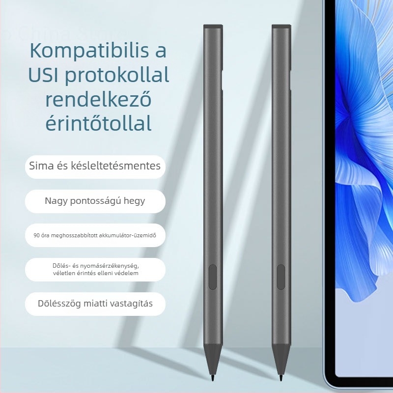 USI 2.0 stylusz érintés elleni védelem, 4096 nyomásérzékenységi szint, dőlésszög-érzékelés és radír