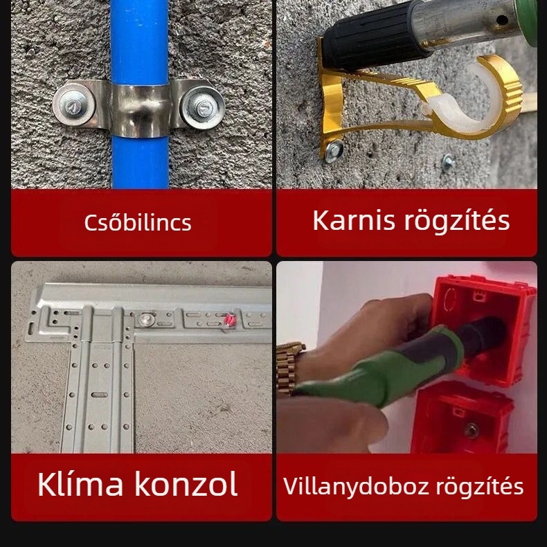 Mini mennyezeti szegezőpisztoly csendes rögzítéshez, csatornák és vezetékek rögzítésére elektromos és vízvezetékes kivitelezésekben, többfunkciós.