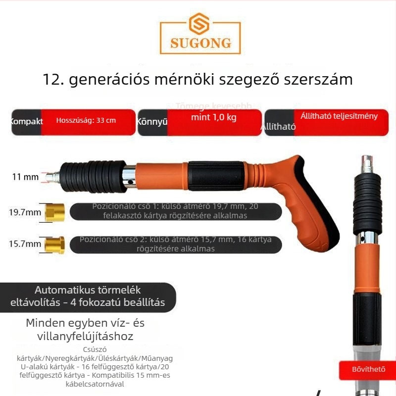Mini mennyezeti szegezőpisztoly csendes rögzítéshez, csatornák és vezetékek rögzítésére elektromos és vízvezetékes kivitelezésekben, többfunkciós.