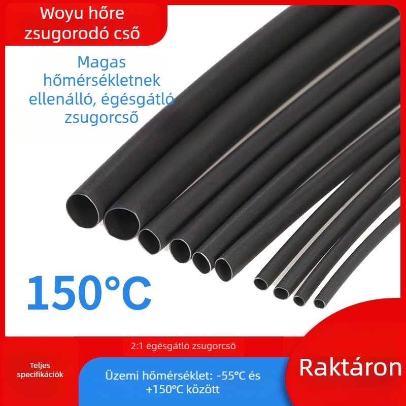 150°C-os magas hőmérsékletű zsugorcső, hőálló szigetelő burkolat, fekete