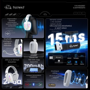 Free Wolf V10 vezeték nélküli gaming fejhallgató Bluetooth-szal, 2.4G-vel és három üzemmódú vezetékes kapcsolattal, könnyű mikrofonnal