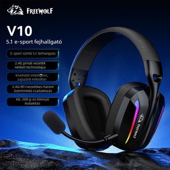 Free Wolf V10 vezeték nélküli gaming fejhallgató Bluetooth-szal, 2.4G-vel és három üzemmódú vezetékes kapcsolattal, könnyű mikrofonnal