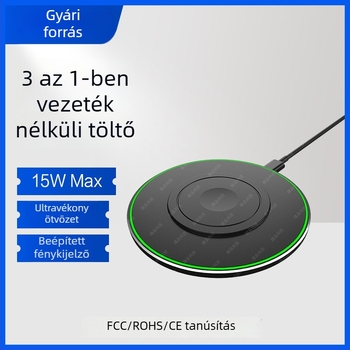 15W 3-in-1 vezeték nélküli töltő mobiltelefonokhoz, alumíniumötvözet, ultra vékony kör alakú dizájn mágneses töltéssel