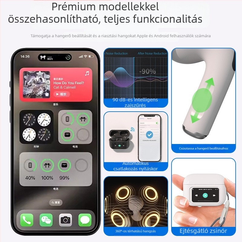 A9pro Bluetooth fejhallgató, ötödik generációs ANC, hosszú üzemidejű, többfunkciós, színes érintőképernyővel