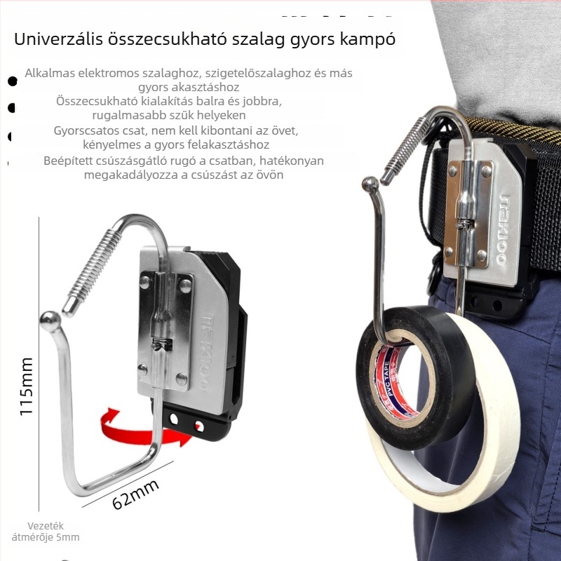 Elektromos és szigetelő szalag készlet tároló akasztóval és derékszíjjal gyorscsuklóval szerelési eszközökhöz