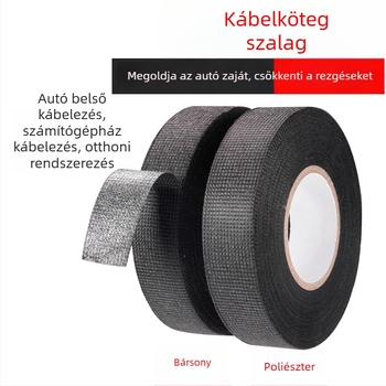 Fekete velúr alapú autóhuzal-szalag, hőálló szigetelés, tűzálló, kopásálló, ütéscsillapító, alacsony zajszint