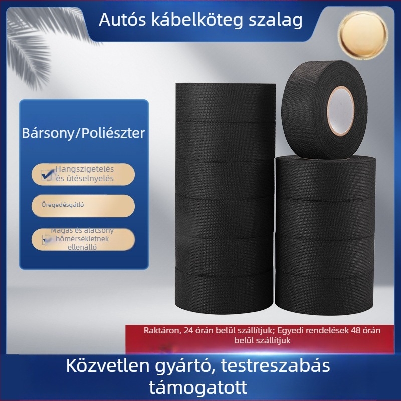 Fekete velúr alapú autóhuzal-szalag, hőálló szigetelés, tűzálló, kopásálló, ütéscsillapító, alacsony zajszint