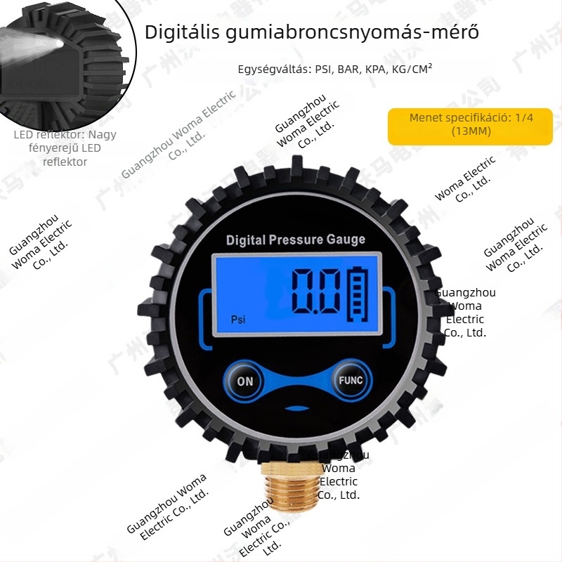Digitális guminyomásmérő LCD-kijelzővel és fújópisztollyal