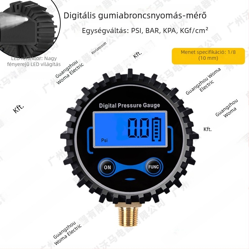 Digitális guminyomásmérő LCD-kijelzővel és fújópisztollyal